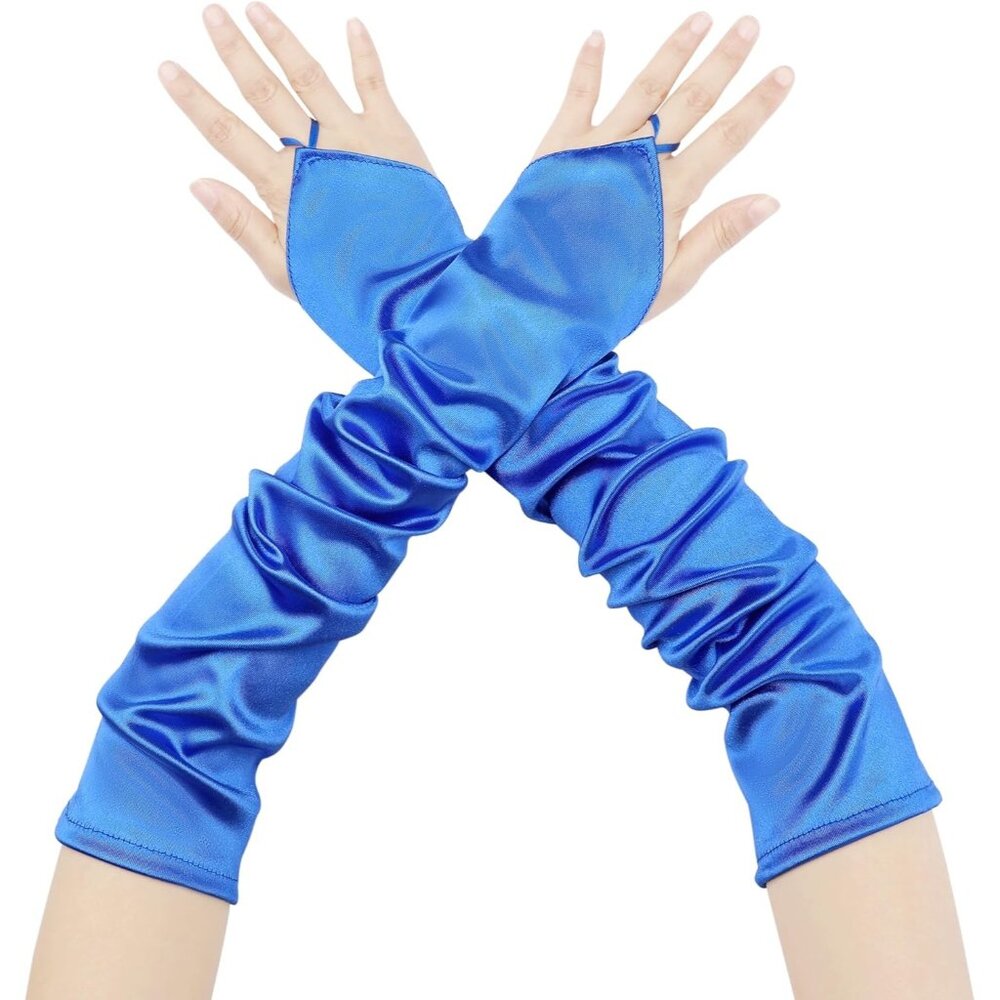 Women's Blue Fingerless Satin Finger Loop Long Sleeves Gloves Party Prom